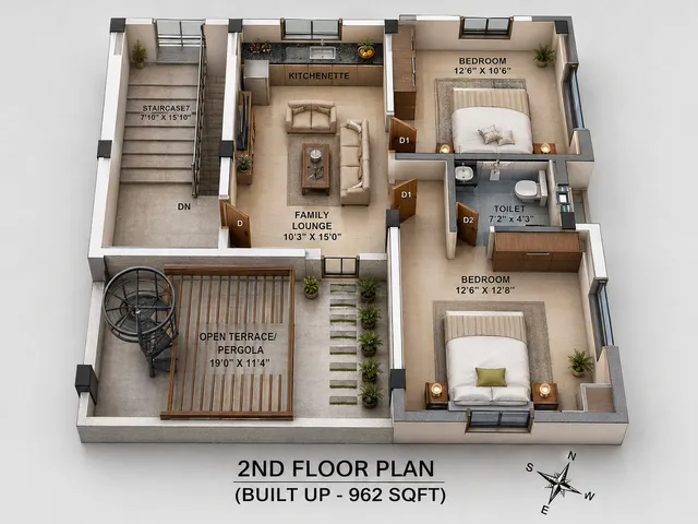 Second Floor 3D floor plan — 5 BHK North-East facing