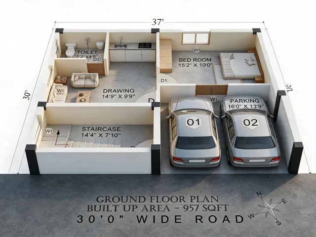 Ground Floor 3D floor plan — 4.5 BHK South facing